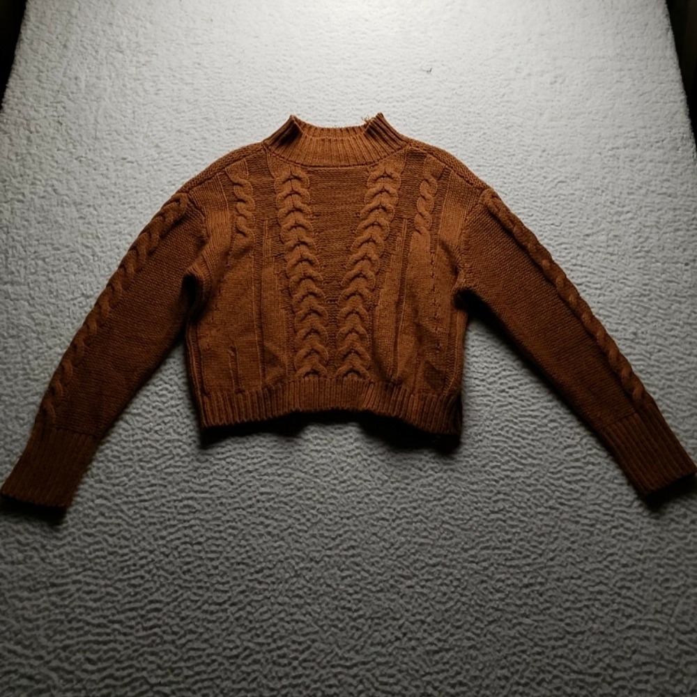 Nikkak Sweater Womens Medium Brown Mock Neck Long Sleeve Cable Knit Cropped